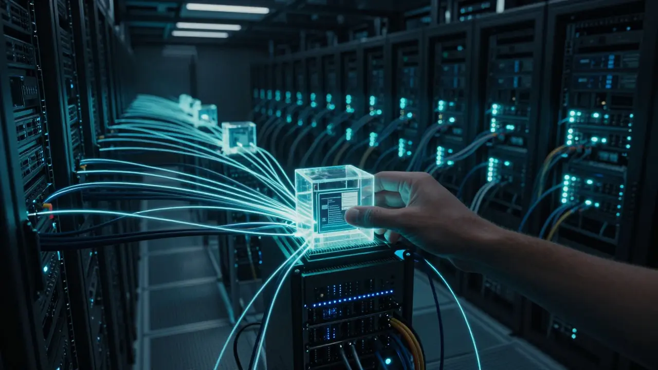 Hand placing a digital file cube into a glowing server network