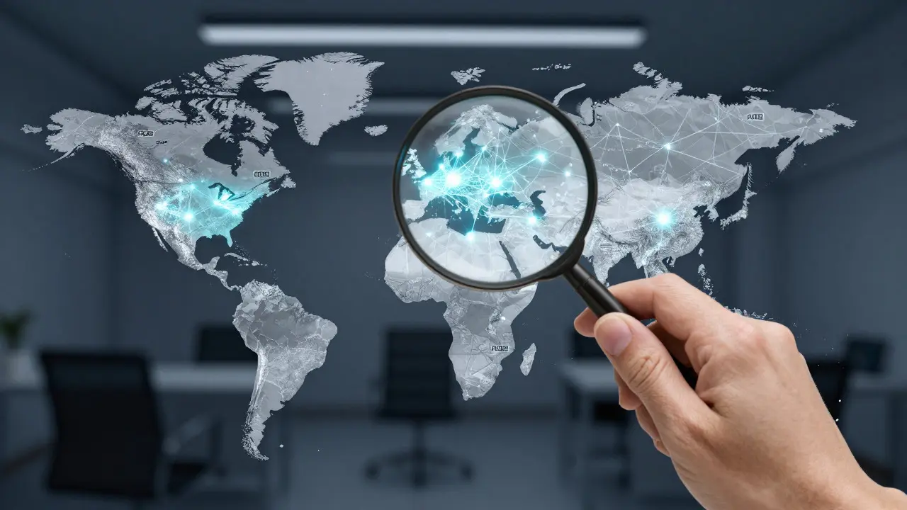 Hand using a magnifying glass to analyze a complex health data map