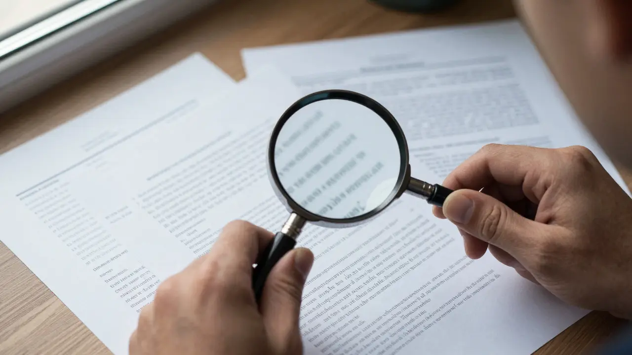 Hand using a magnifying glass to inspect detailed documents on a wooden table