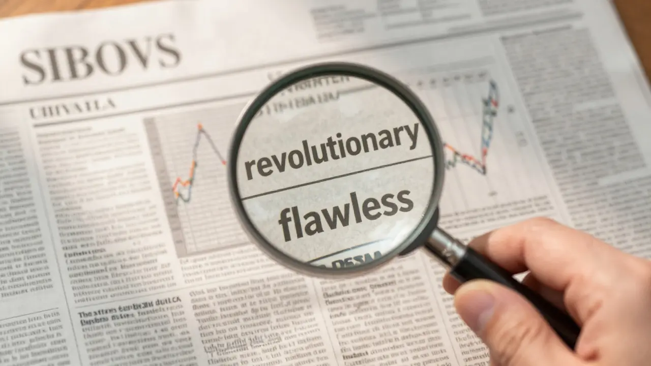 Hand using a magnifying glass to scrutinize financial news print for biased language