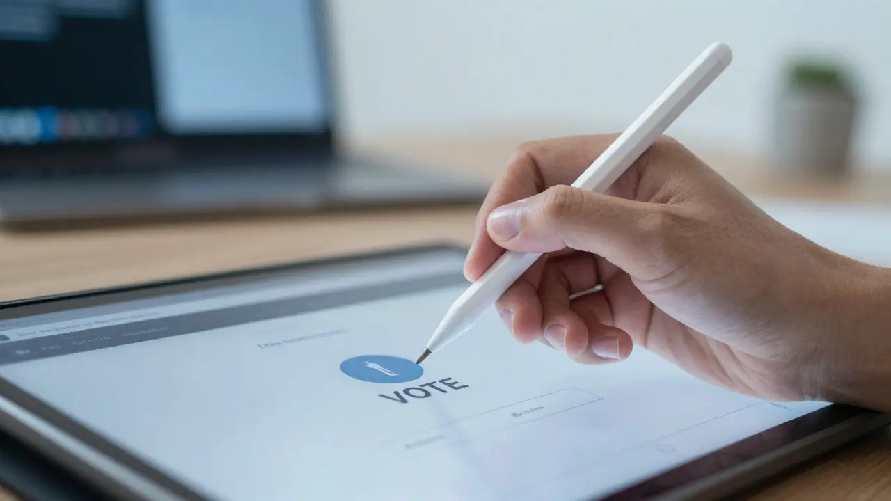 Hand using a stylus on a tablet displaying a blurred voting interface in a home office