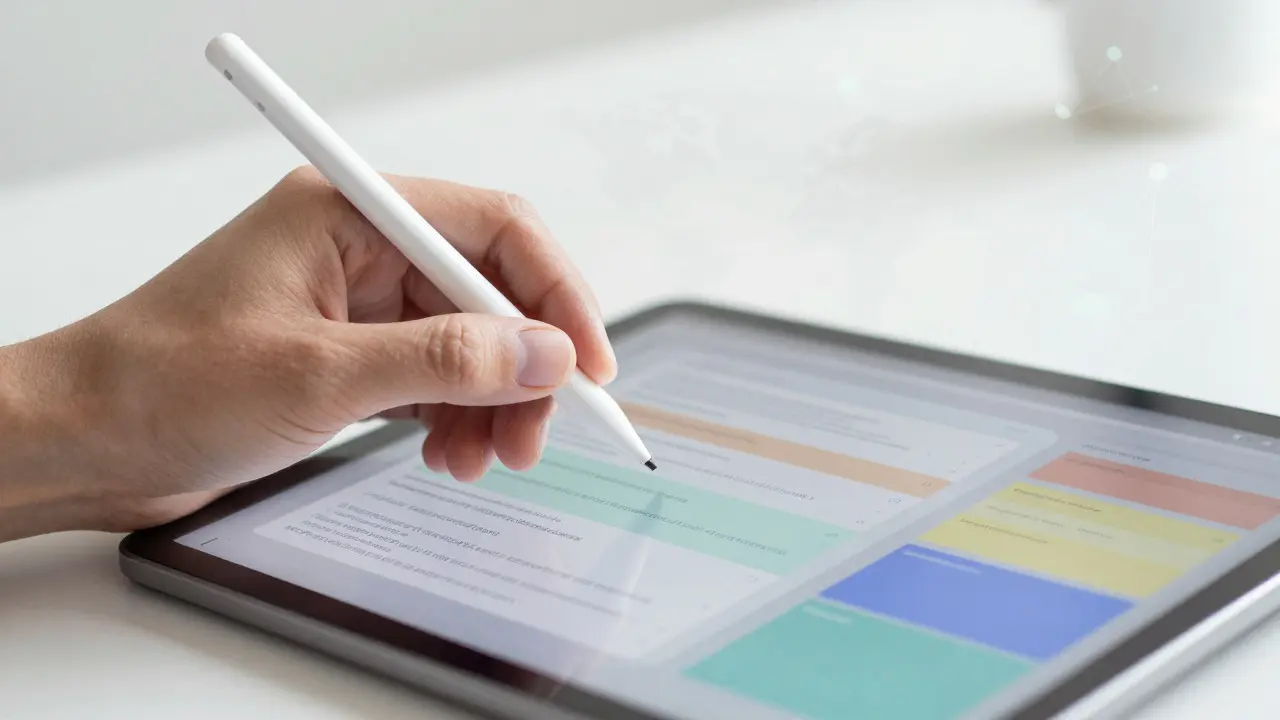 Hand using stylus on tablet with layered abstract data representing translation review