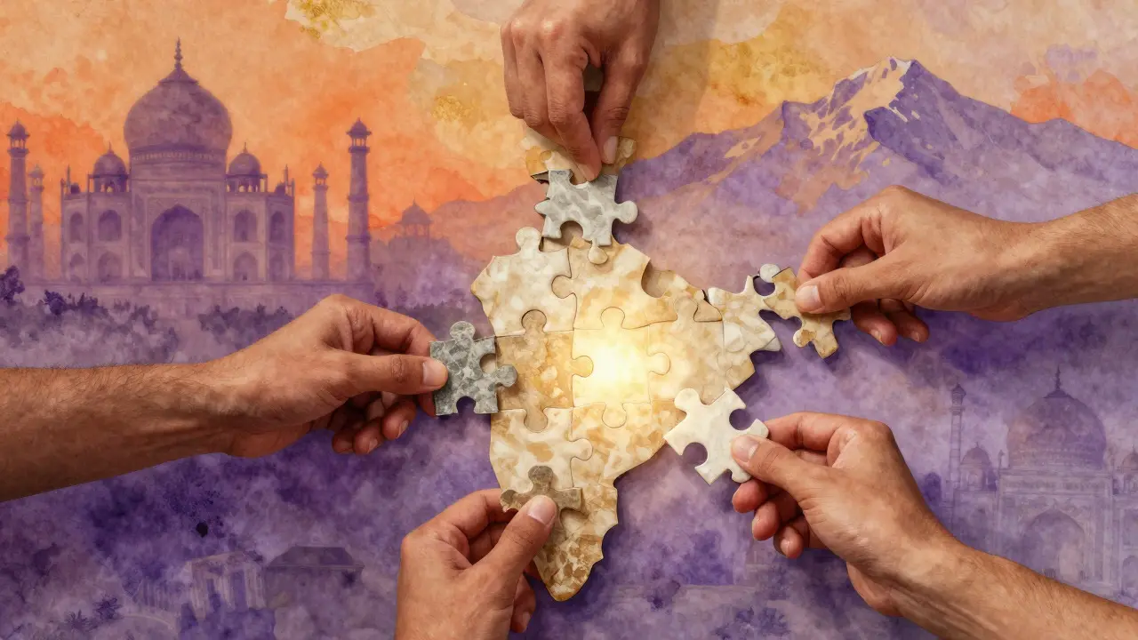 Hands assembling a puzzle map of the Indian subcontinent