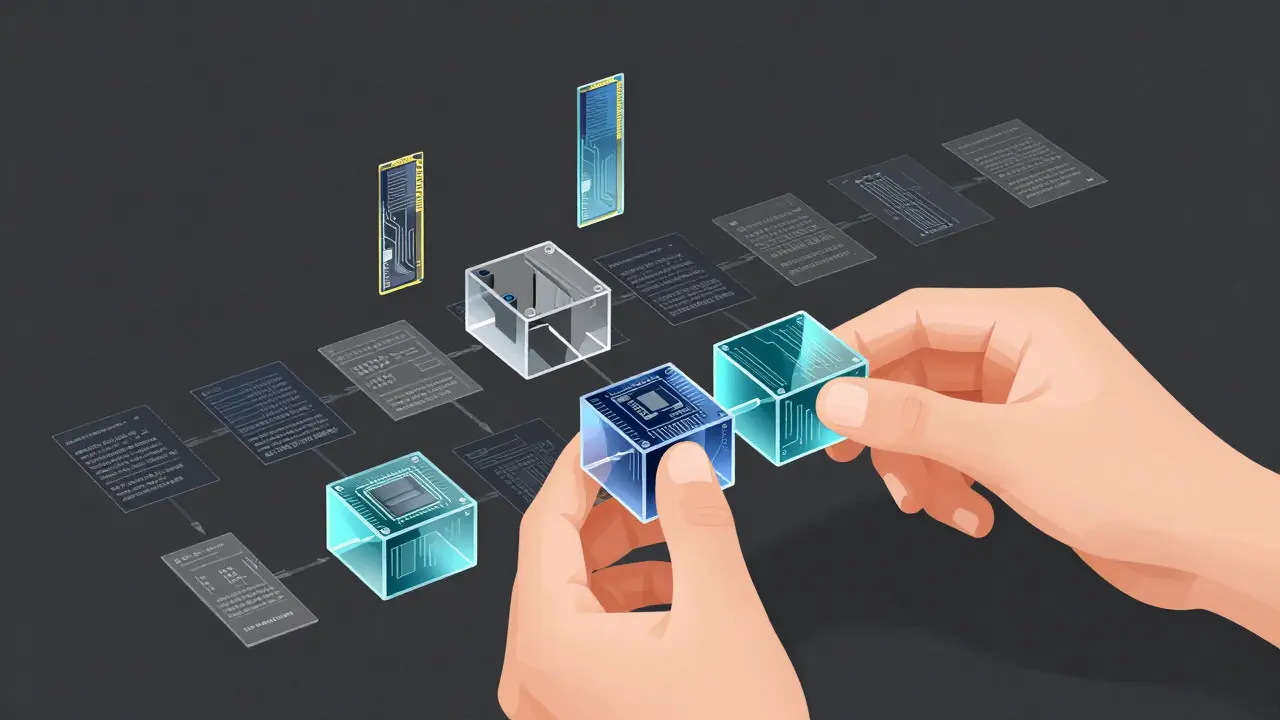 Hands assembling modular glass blocks symbolizing data templates