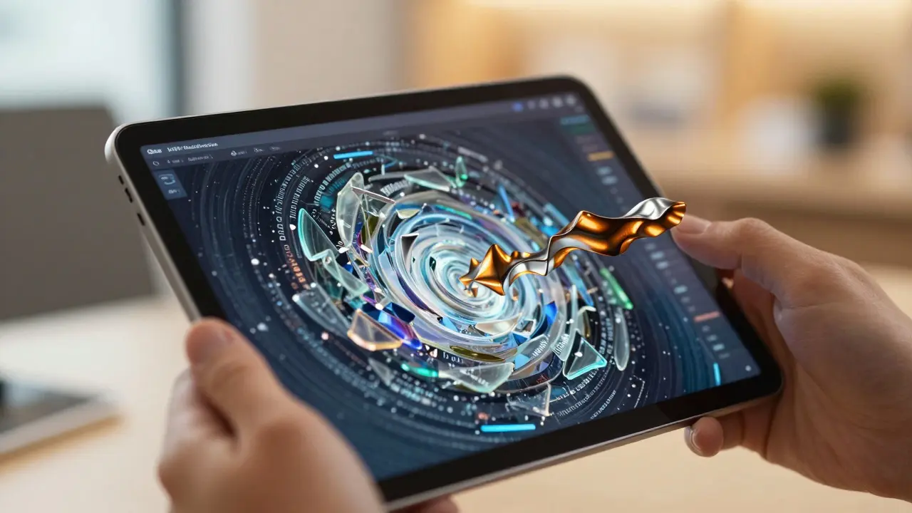 Hands holding a device with abstract swirling colors merging tech and human elements