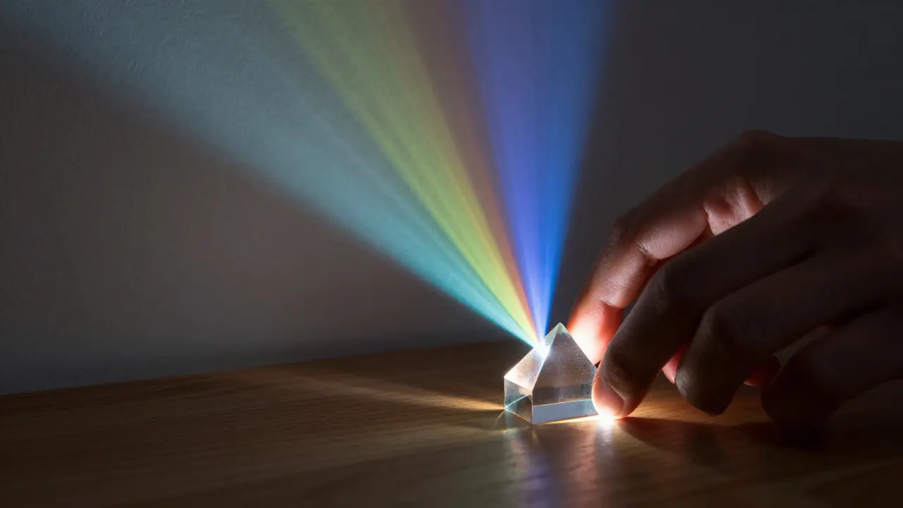 Hands holding a glass prism refracting light into separate colored beams