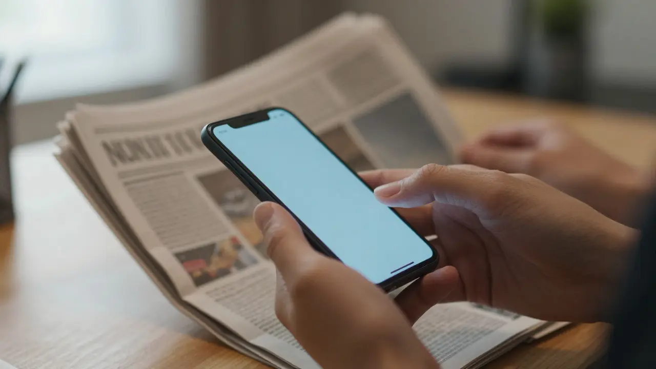 Hands holding a glowing smartphone and a newspaper, illustrating the practice of cross-referencing digital and print media.