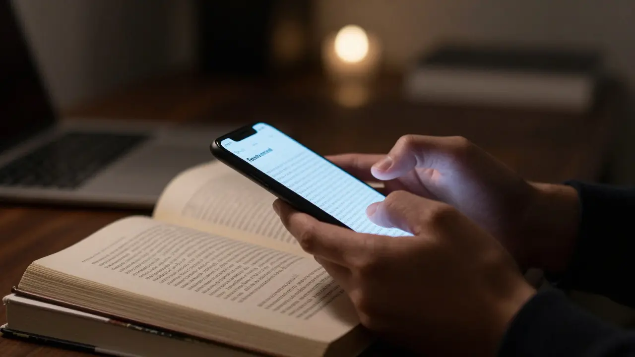 Hands holding a phone over academic books during a research session