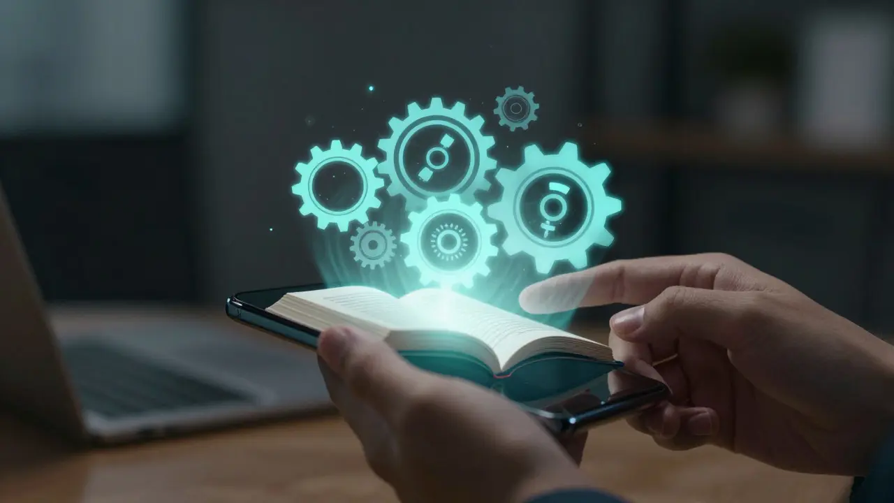 Hands holding a phone projecting a holographic book and gear