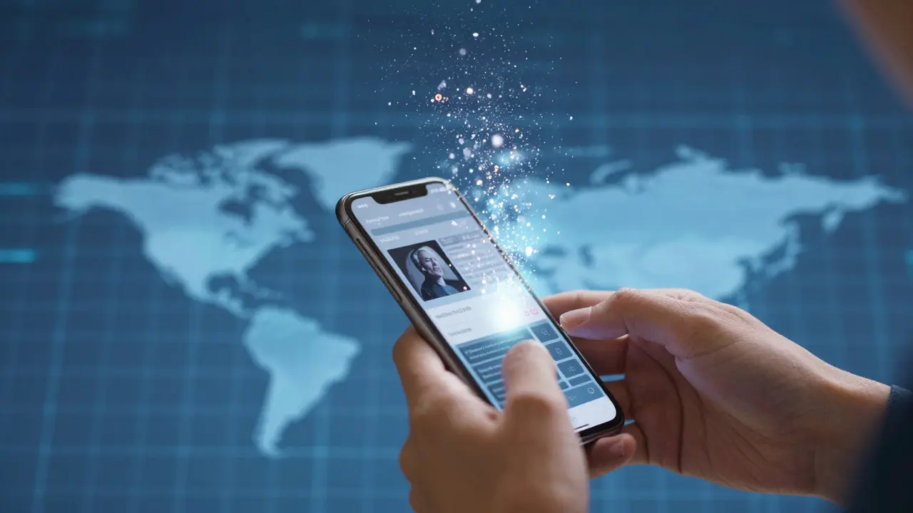 Hands holding a smartphone emitting abstract light particles, symbolizing mobile browsing trends