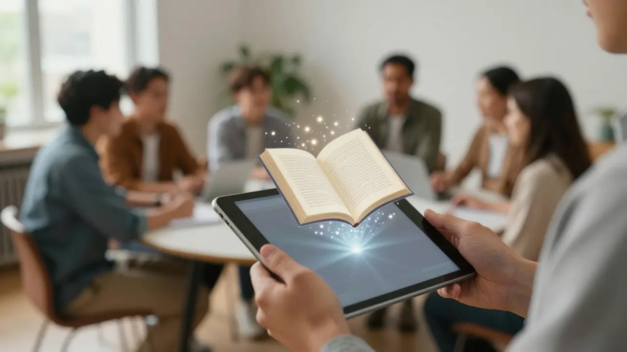 Hands holding a tablet with a holographic book projecting light
