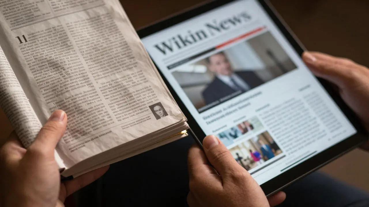 Hands holding a thick book and a lightweight newspaper