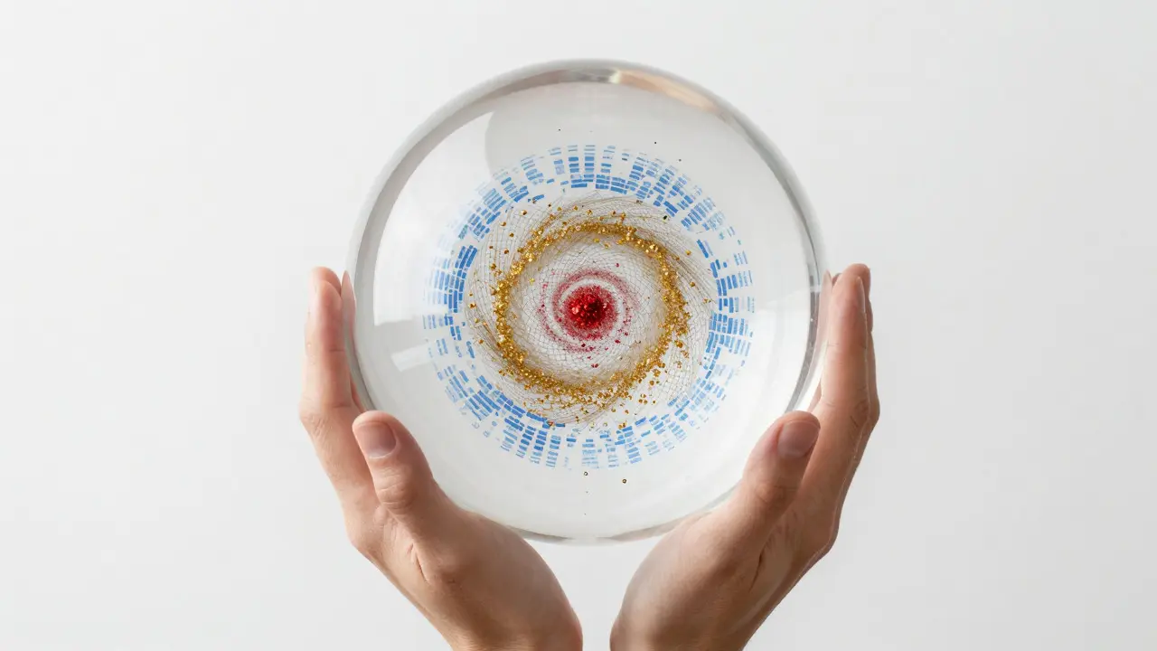 Hands holding a transparent sphere filtering chaotic digital particles