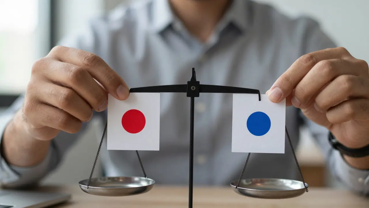 Hands holding red and blue cards over a balance scale in an office setting