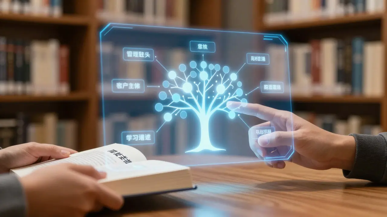 Hands organizing a holographic knowledge tree above a desk in a library setting