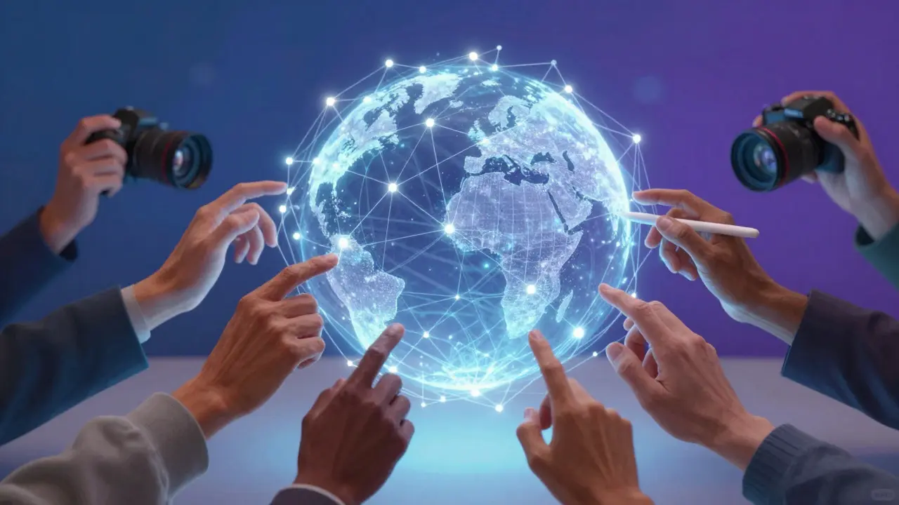 Hands reaching toward a glowing digital globe made of connected nodes