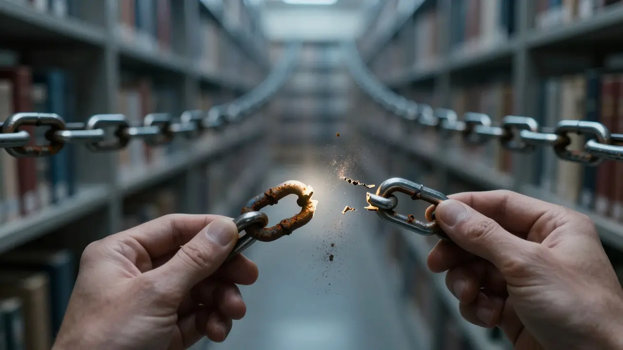 Hands replacing a broken chain link with a new metallic one in a library