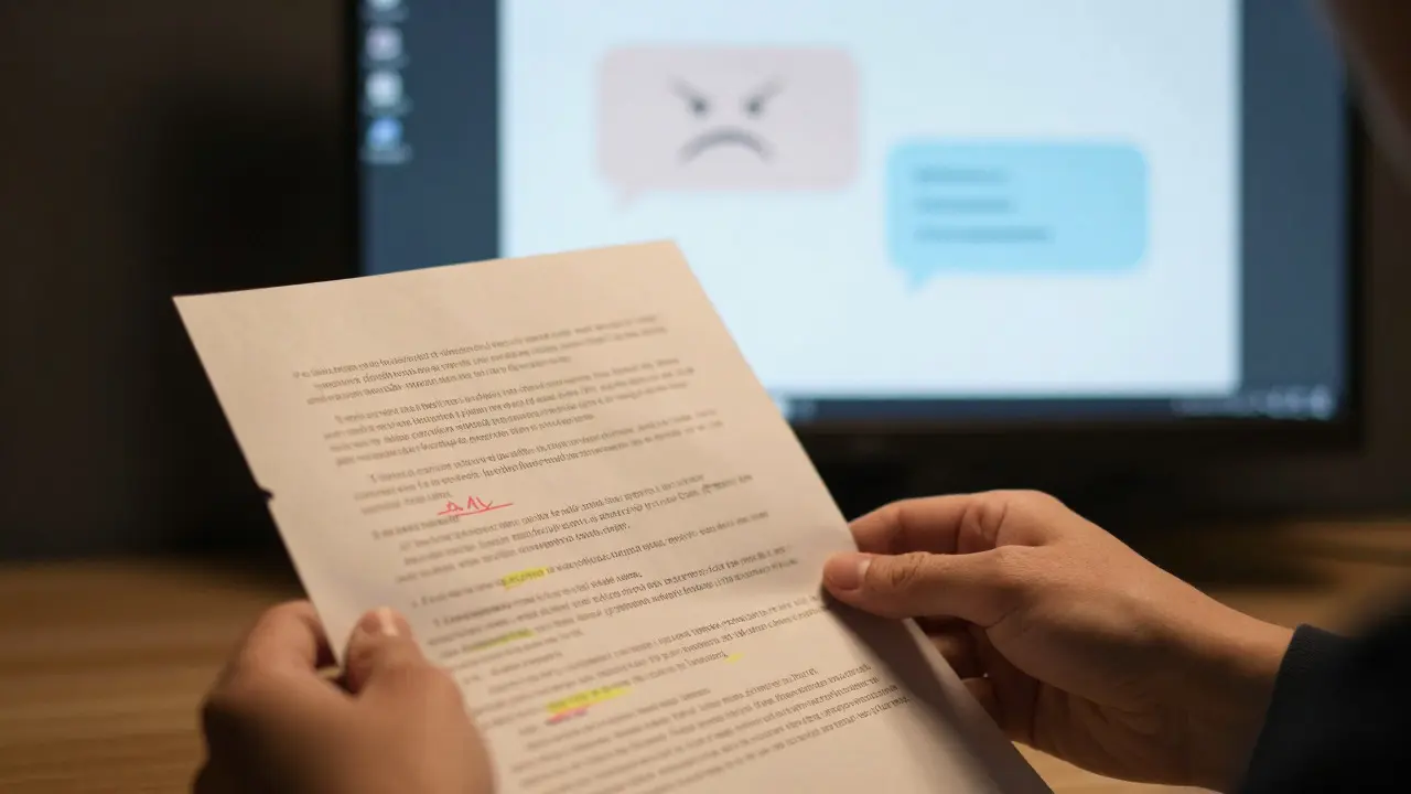 Hands reviewing handwritten notes near a blurred computer screen showing online debate