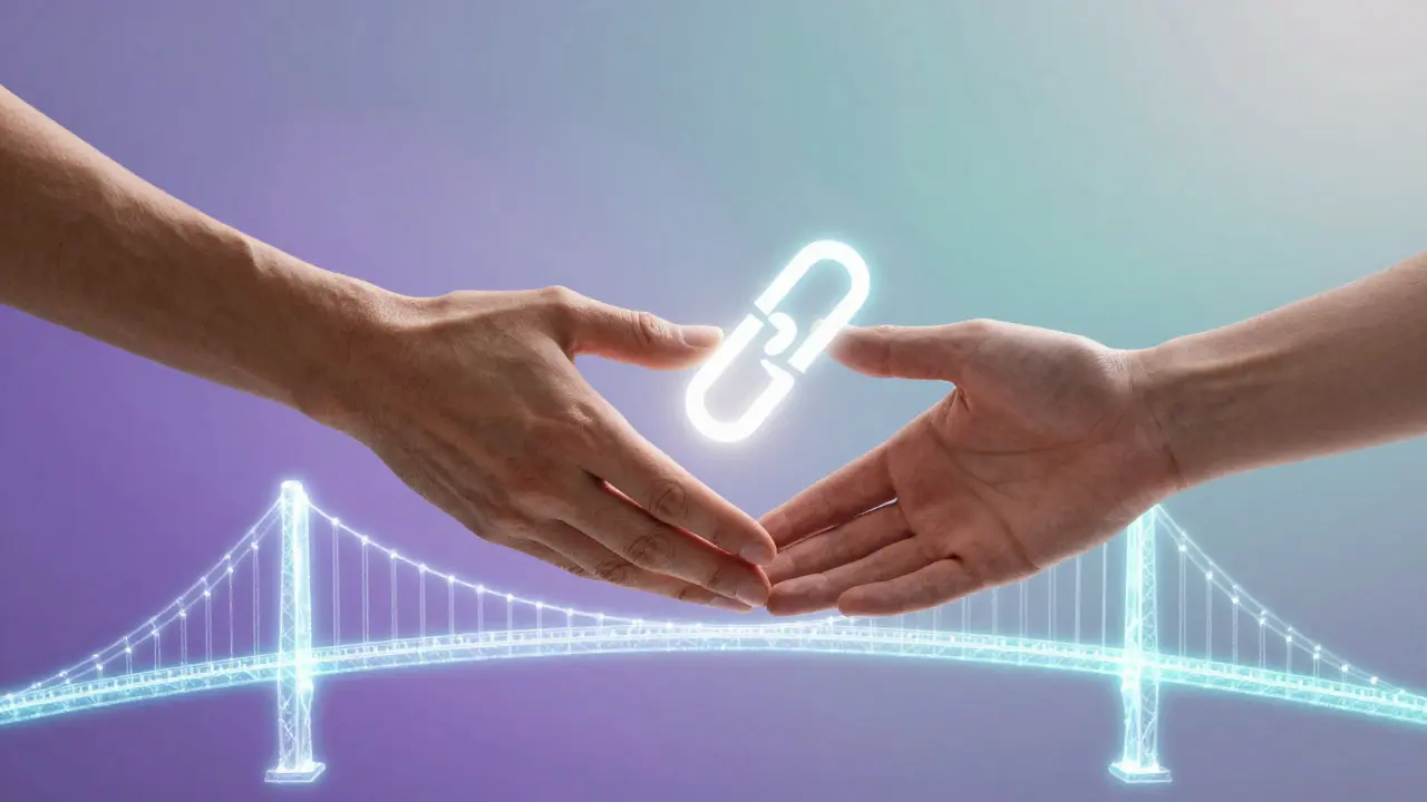 Hands shaking over a digital bridge representing restored collaboration