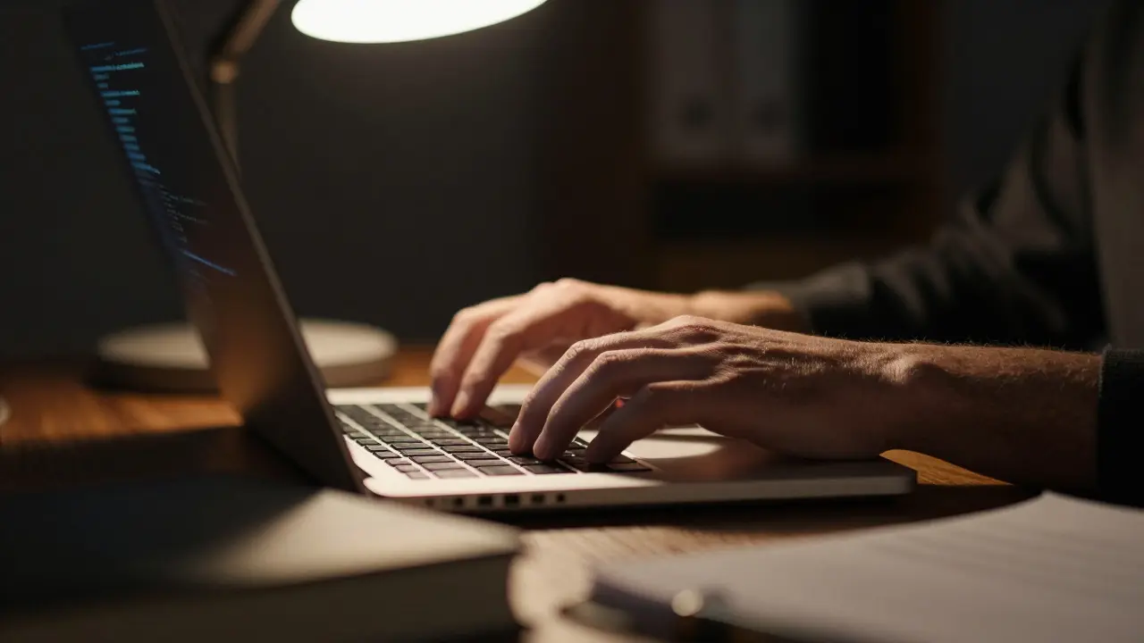 Hands typing on a laptop under warm desk lamp light