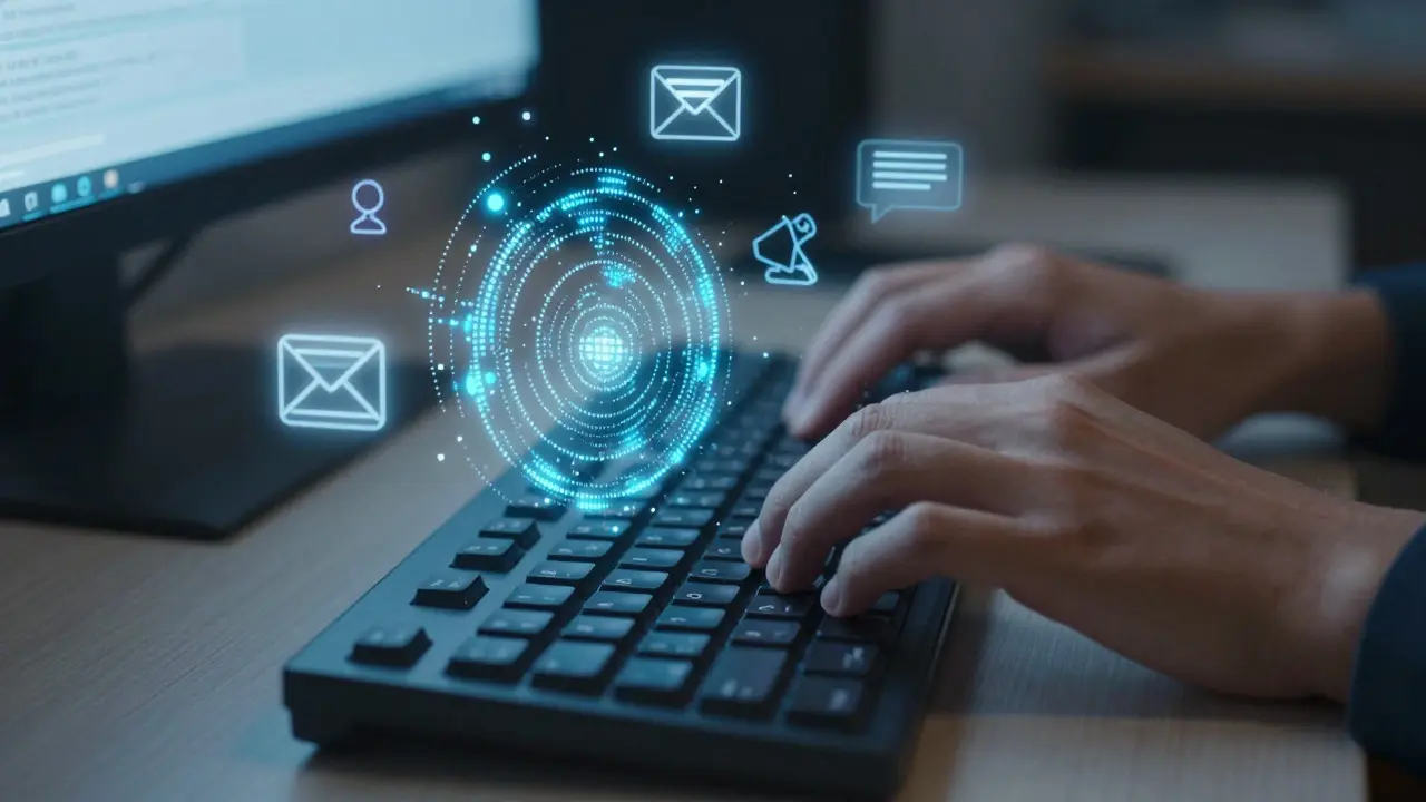 Hands typing with glowing digital particles forming abstract data and communication symbols