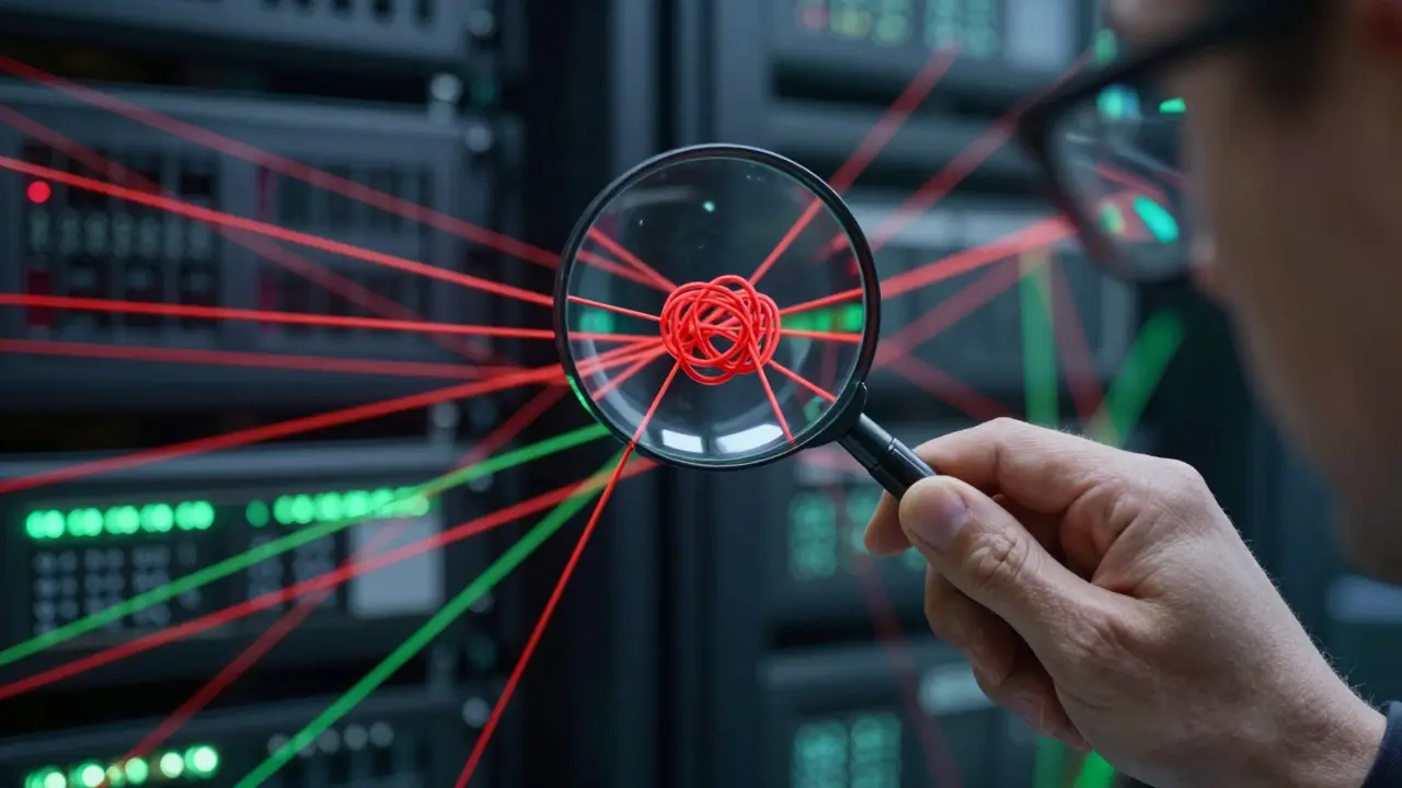 Hands using a magnifying glass to inspect a tangled web of glowing threads