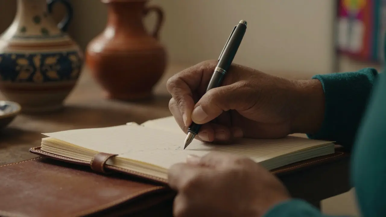 Hands writing in a journal with cultural artifacts in the background