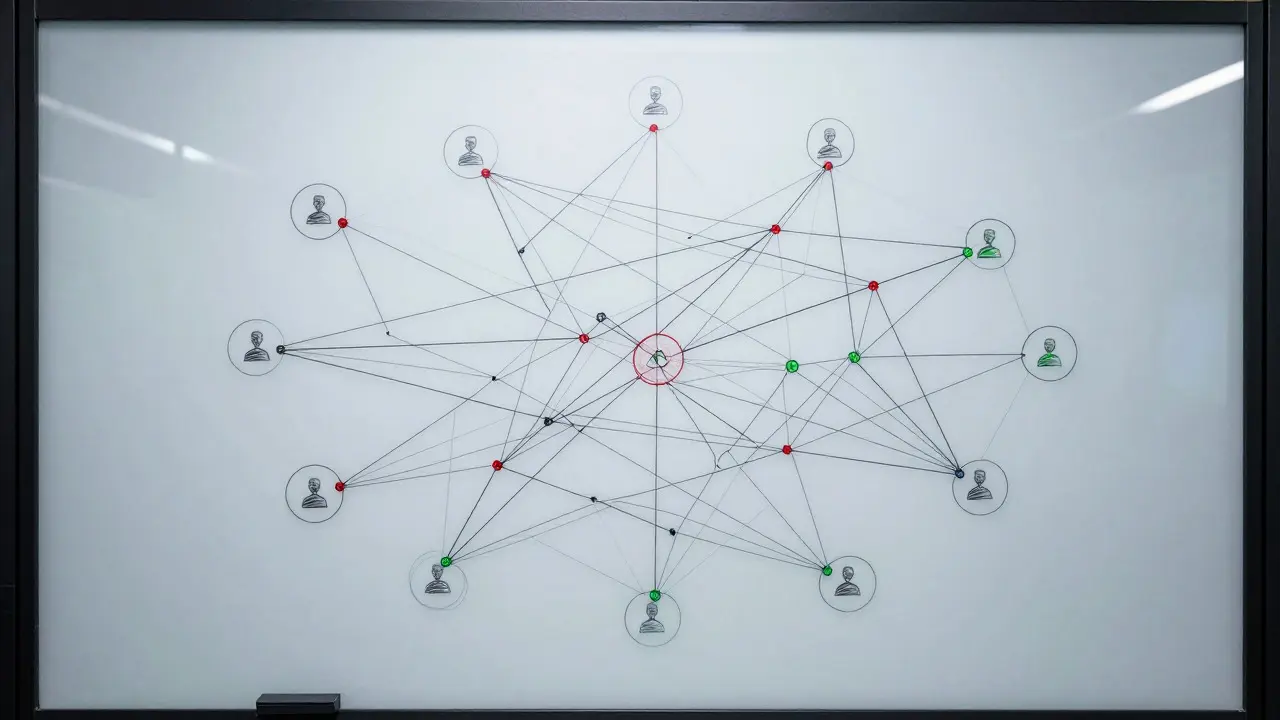 High-angle view of a complex network diagram on a glass wall, showing connected nodes with status indicators.