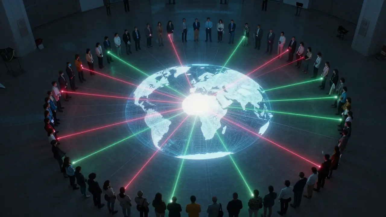 High-angle view of a crowd surrounding a glowing globe, representing collective editorial consensus