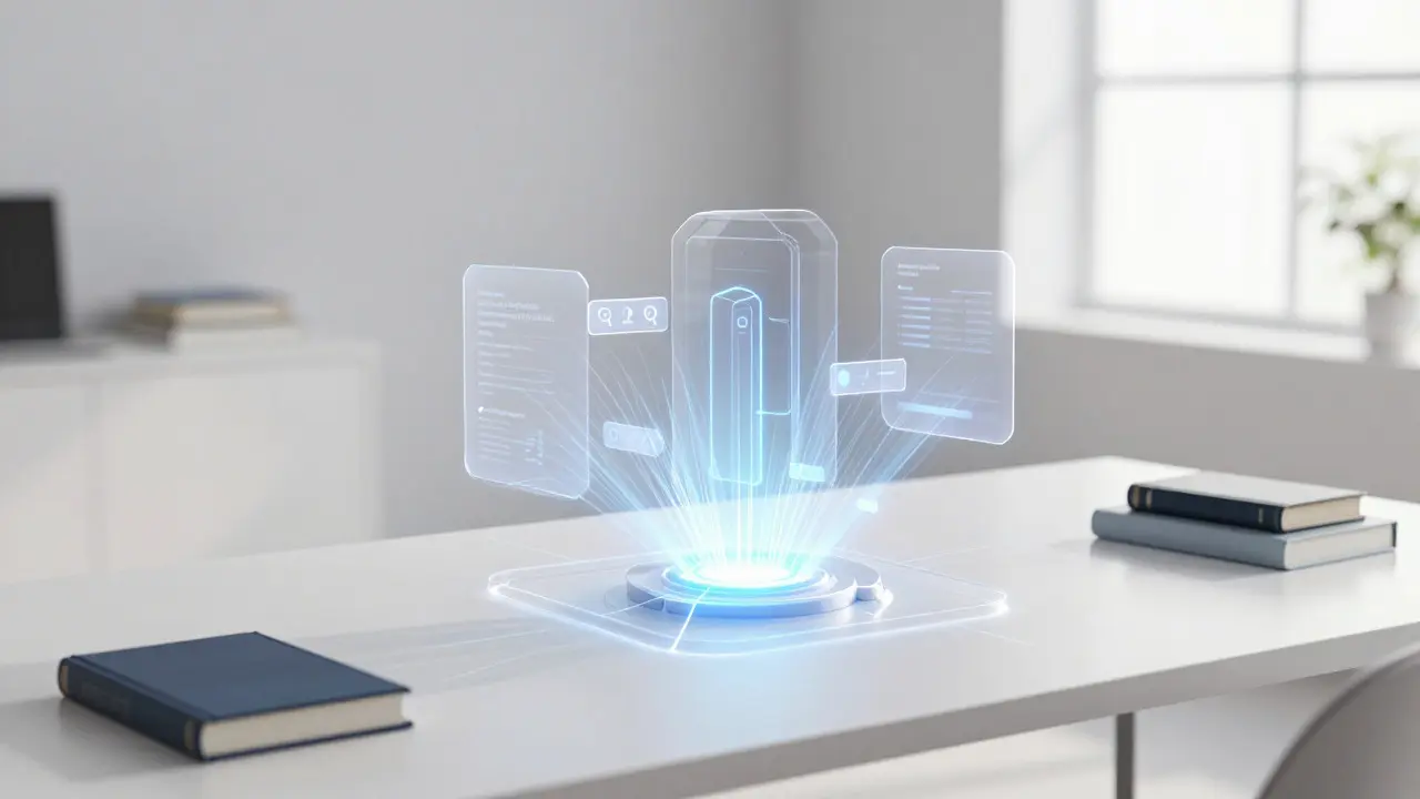 Holographic geometric structure representing AI technology interacting with physical books on a modern desk.