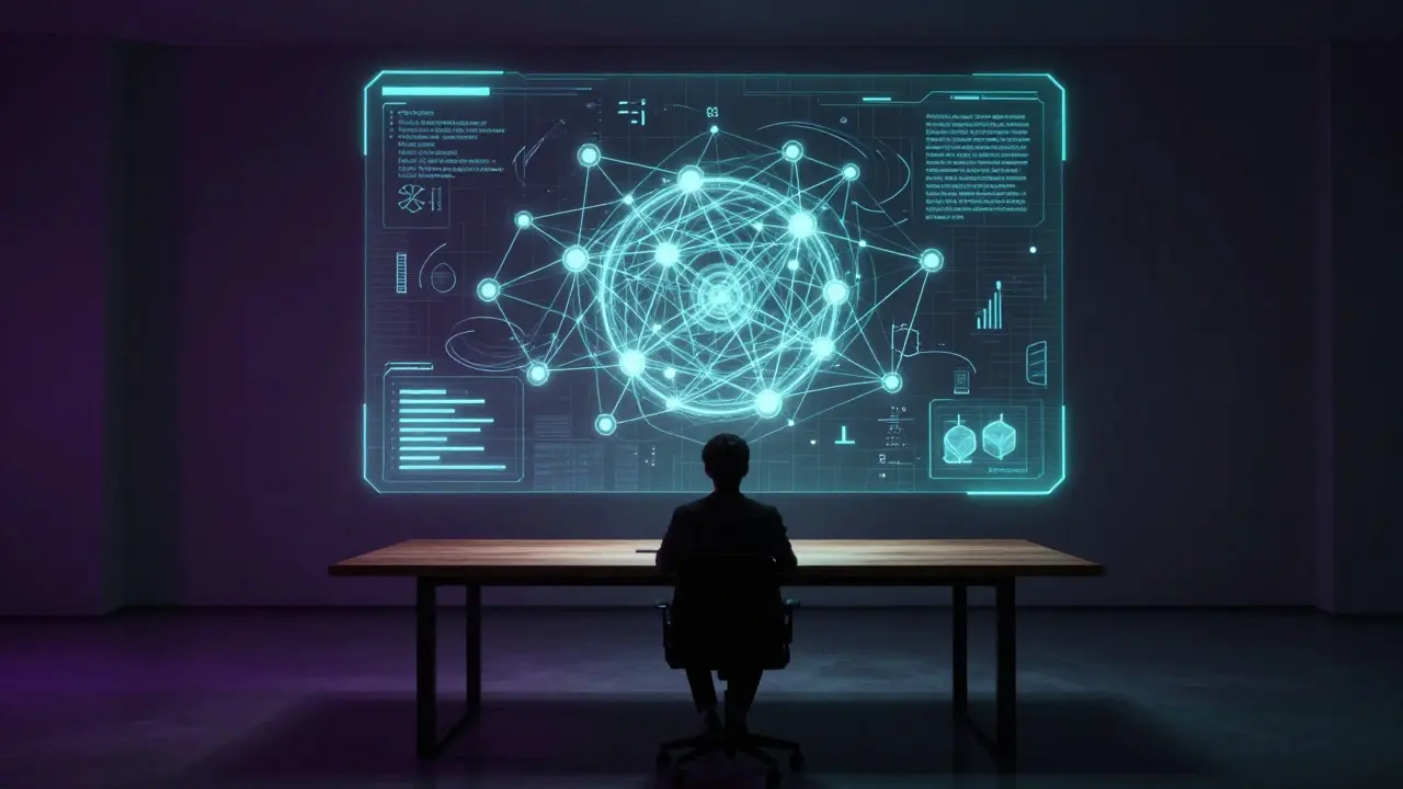 Holographic network diagram on a desk illustrating the connection of verified sources