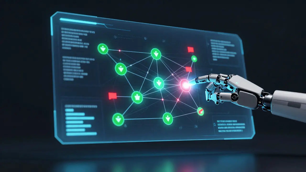 Holographic network diagram with AI highlighting data conflicts and resolutions