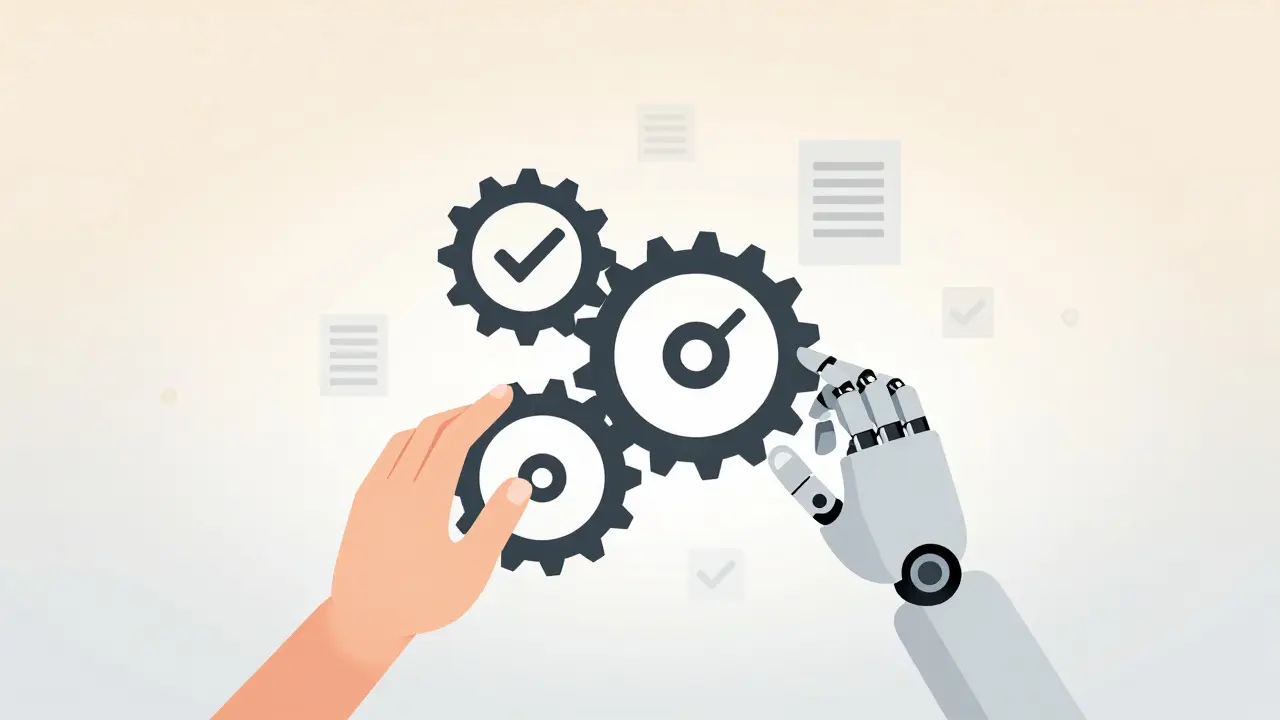 Human and robot hands adjusting a gear mechanism to symbolize consensus