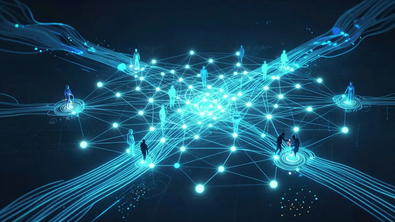 Human figures maintaining a vast, glowing digital network of knowledge nodes