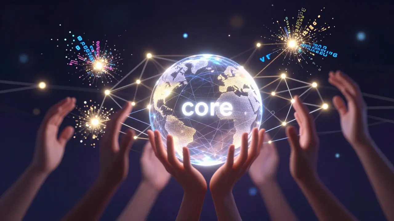Human hands holding a glowing sphere within a chaotic digital network