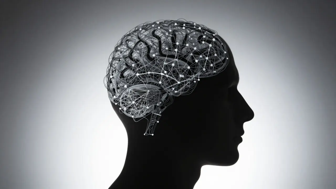 Human profile silhouette containing evolving neural network patterns