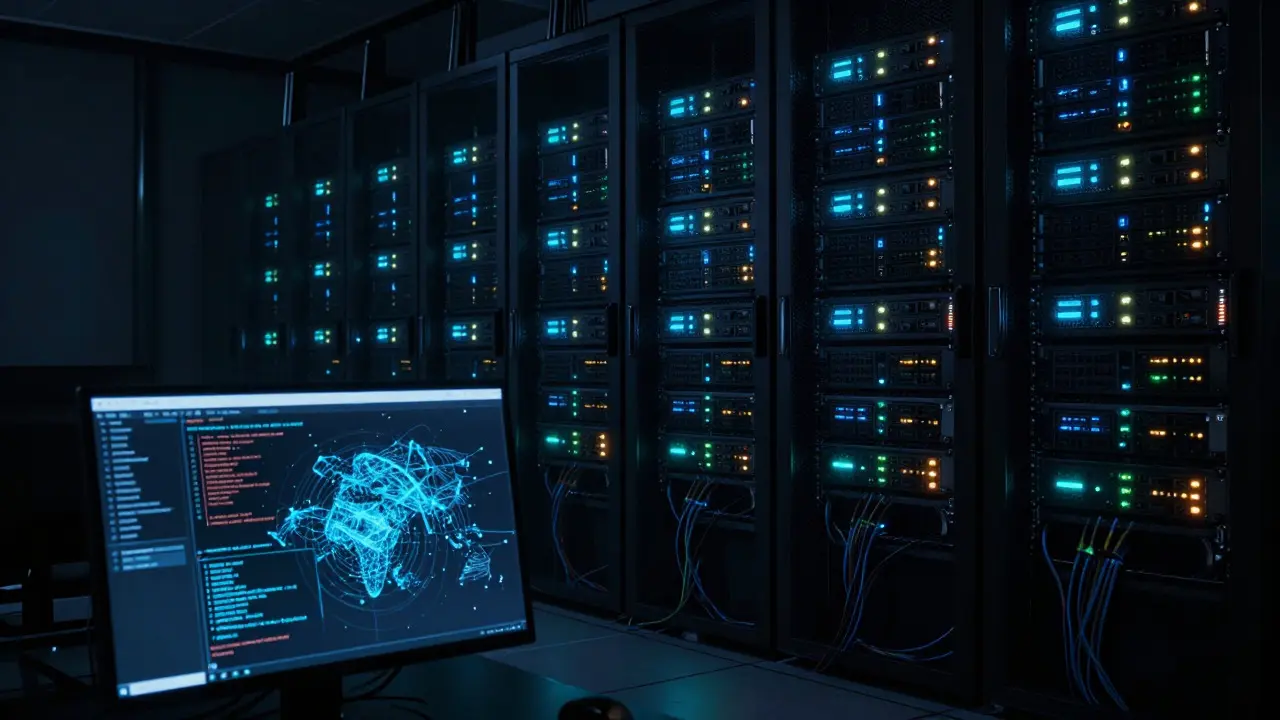 Illuminated server racks and data cables in a dark, high-tech data center