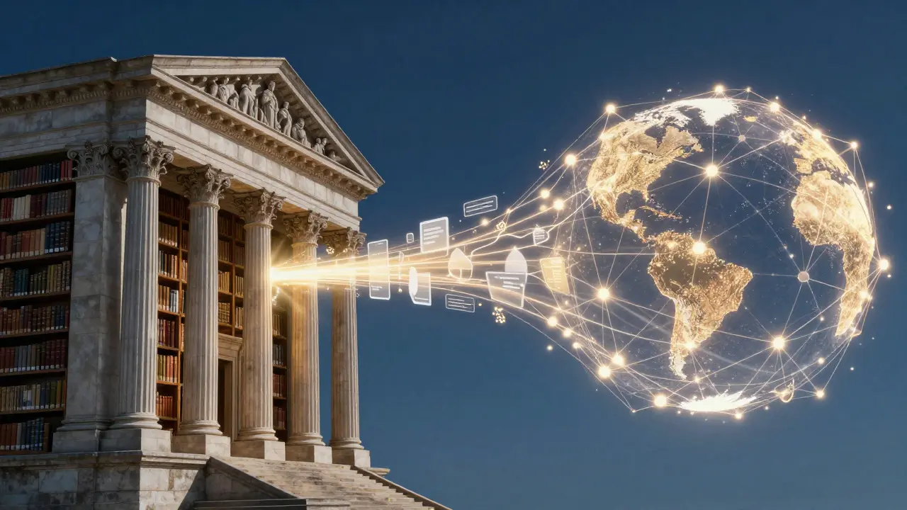 Illustration connecting a library building to a digital network