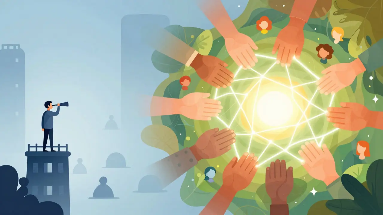 Illustration contrasting isolated top-down planning with connected participatory community networks