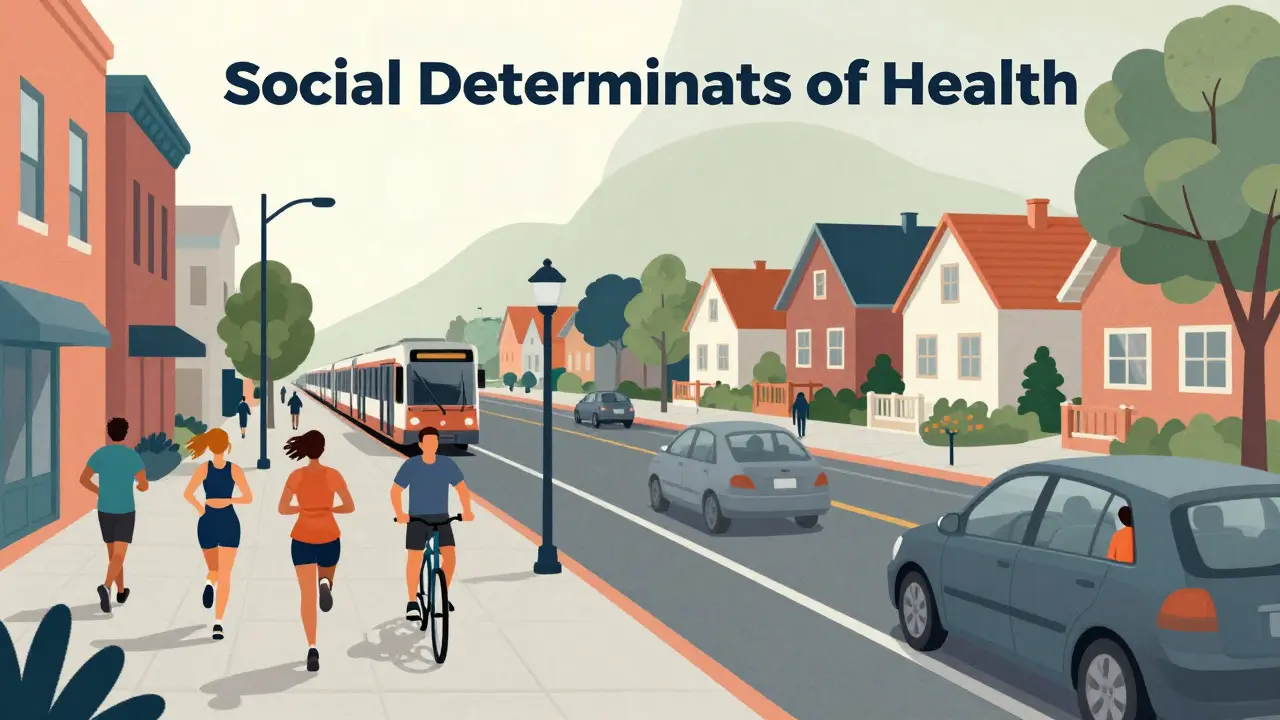 Illustration contrasting walkable cities with car-dependent suburbs
