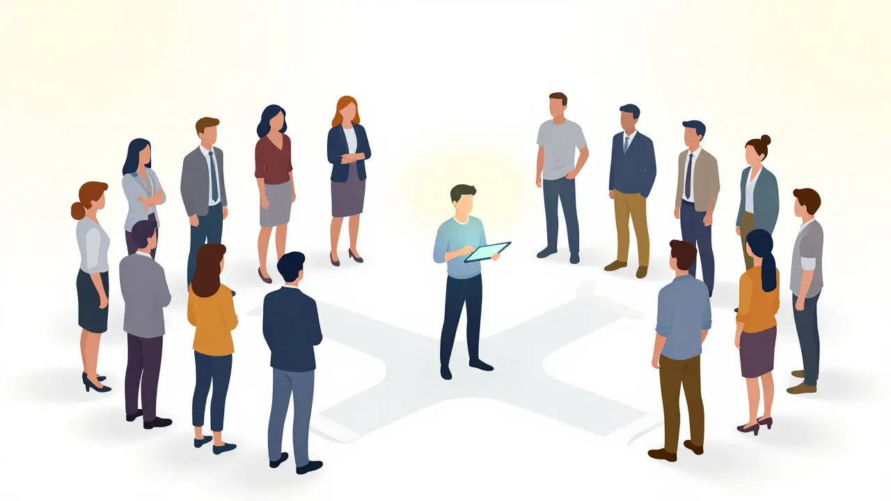 Illustration of a central figure connecting different groups through shared information