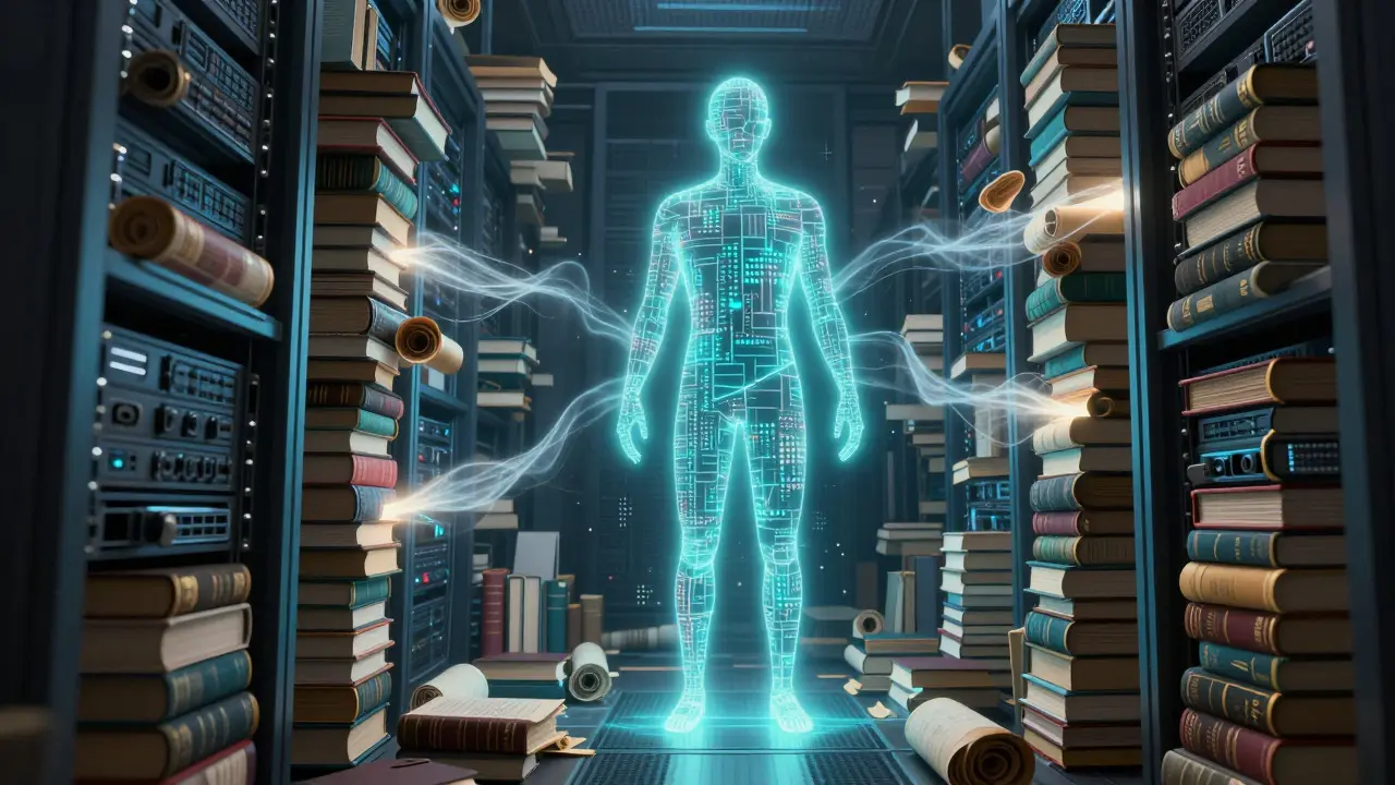 Illustration of a data center made of books feeding a geometric AI figure