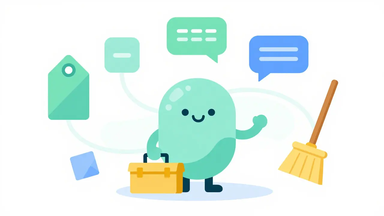 Illustration of a digital assistant with modular tools representing customizable software features
