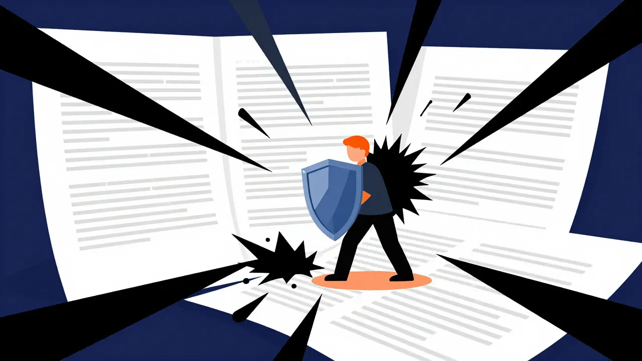 Illustration of a figure shielding clean pages from chaotic ink splatters