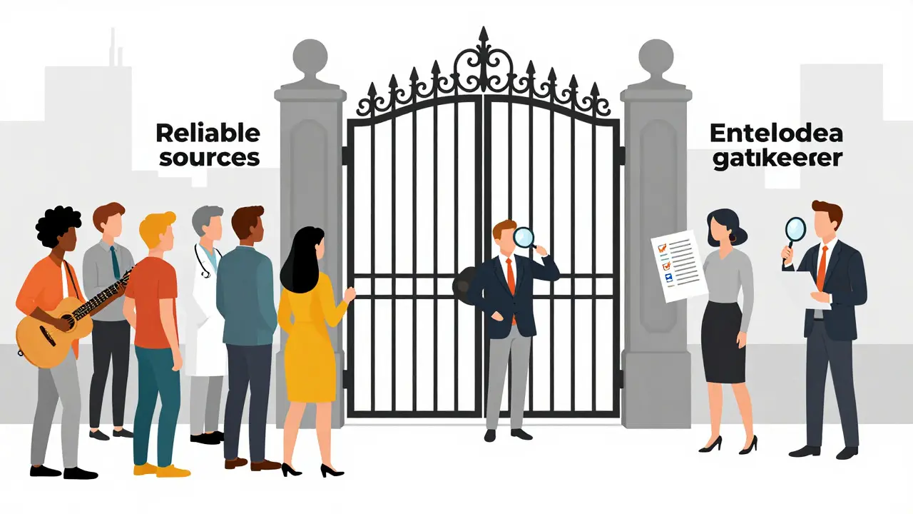 Illustration of a gatekeeper checking credentials as diverse subjects wait to enter an encyclopedia