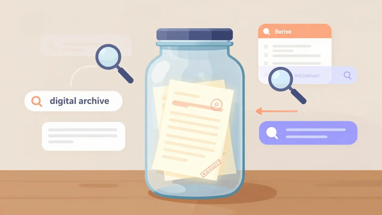 Illustration of a glass jar containing glowing papers, symbolizing a digital archive