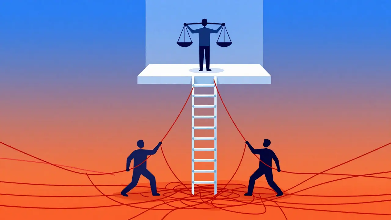 Illustration of a glass ladder rising from tangled red strings to a balanced scale