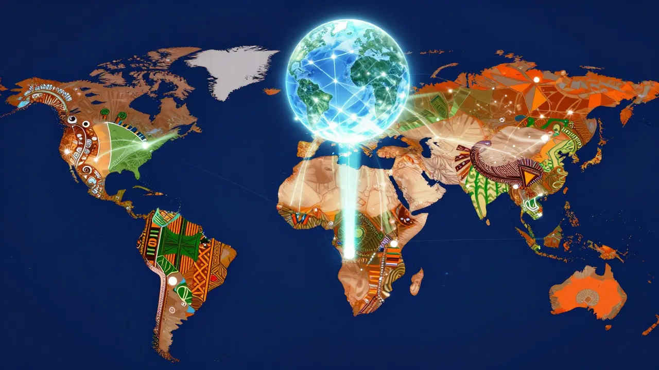 Illustration of a glowing African map connecting to a global digital network