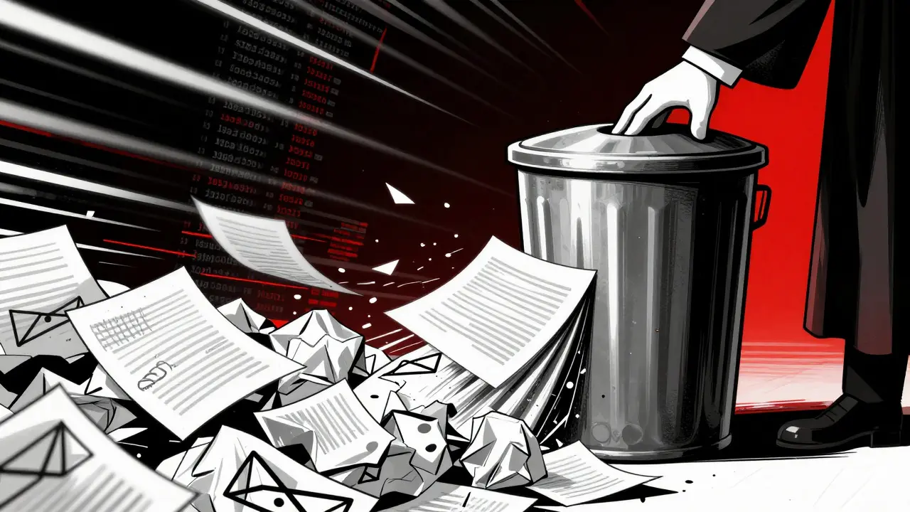 Illustration of a hand sweeping chaotic documents into a digital trash bin