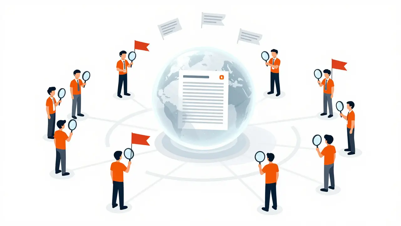 Illustration of a network of editors reviewing and tagging a central document